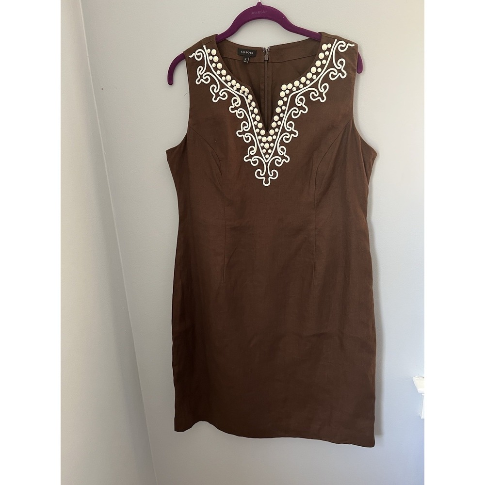 Talbots Women's Sleeveless Sheath Dress Size 12 Brown Knee Length Sequin V Neck